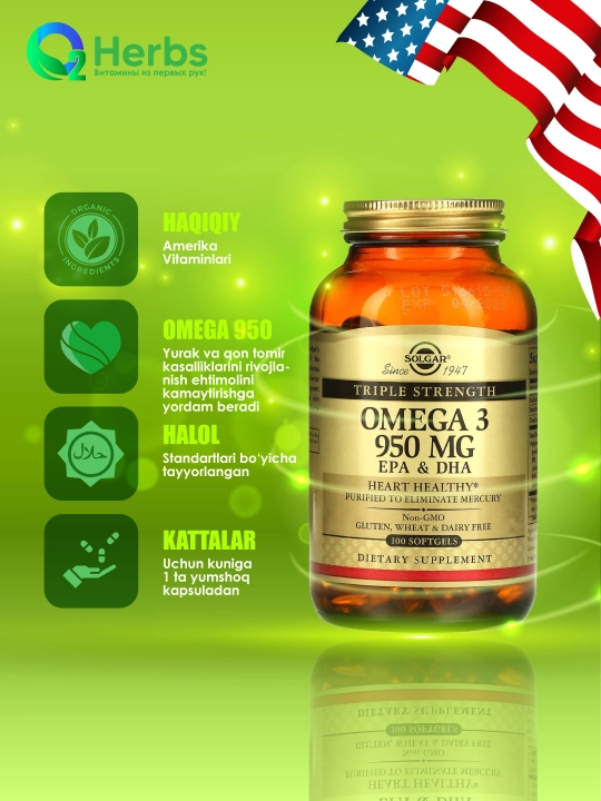 Solgar, Omega-3, EPK va DHA, uch babobar kuchli, 950 mg, 100 kapsulalar - 