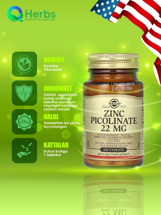 Solgar, Sink pikolinat, 22 mg, 100 tabletkalar - 