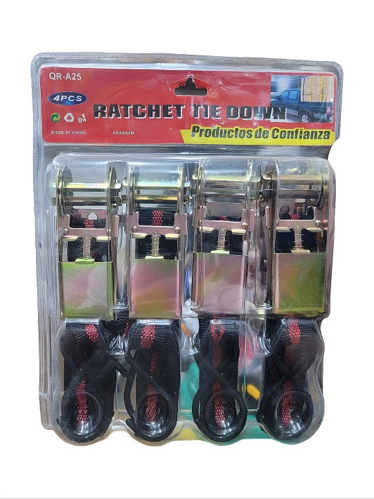 4 ta qismlik yuk mahkamlovchi arqon to‘plami (4 m × 25 mm) — mustahkam metall ratchetli