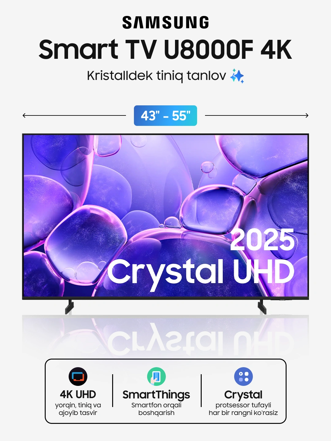 Телевизор Samsung Smart TV Crystal UHD U8001F 4K 43"-55", One UI Tizen, дизайн MetalStream за 4649000 сум со скидкой 33%. Uzum Market