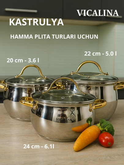 Набор кастрюль из нержавеющей стали VICALINA, кухонная посуда
