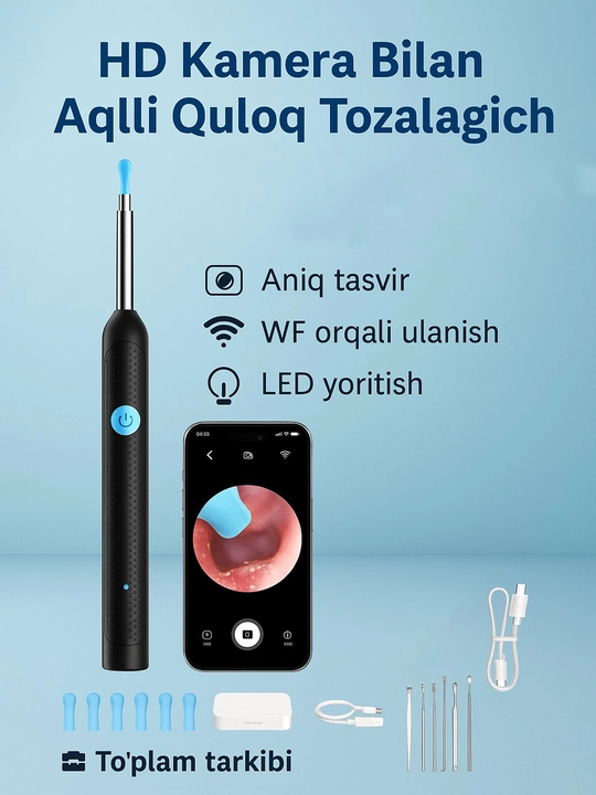 LED quloq kirini olib tashlash, simsiz quloq kamerasi Ultra HD, otoskop vizual 10-to'plam - 