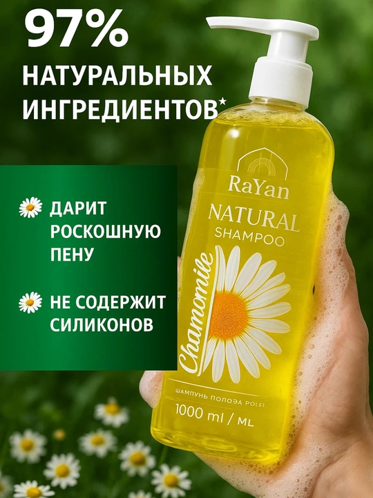 RaYan Natural shampuni, 1000 ml – Aloe Vera, Ocean, Garlic, har kuni soch parvarishi uchun