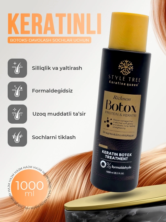 Keratin Queen - proteinli keratinli botoks, sochlar uchun, to‘g‘rilaydi, 1000 ml