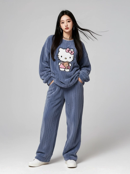 Ayollar uchun issiq plyush pijama, ayiqli uy kiyimi, qishki flisli to‘plam