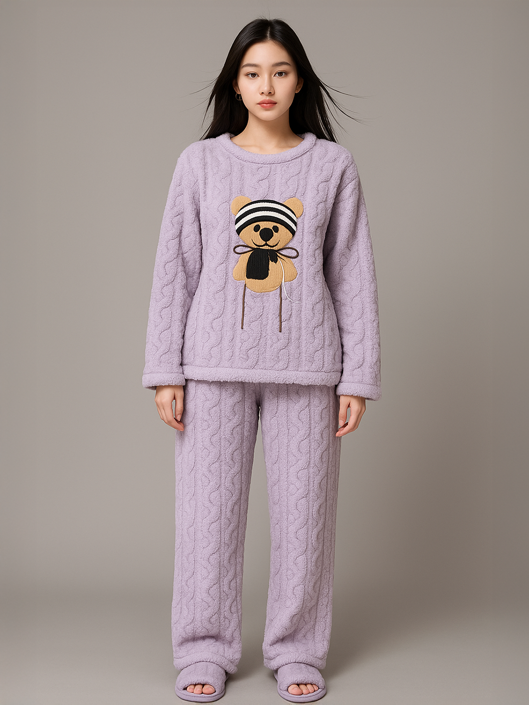 Ayollar uchun issiq plyush pijama, ayiqli uy kiyimi, qishki flisli to‘plam
