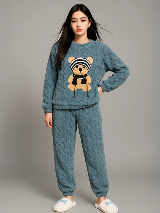 Ayollar uchun issiq plyush pijama, ayiqli uy kiyimi, qishki flisli to‘plam