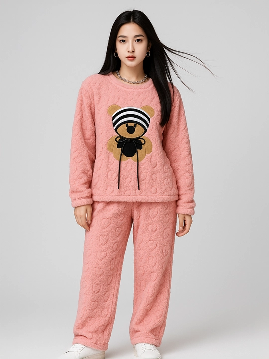 Ayollar uchun issiq plyush pijama, ayiqli uy kiyimi, qishki flisli to‘plam