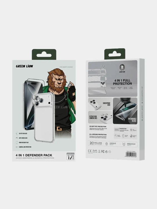Набор 4 в 1 Green Lion Defender. Чехол, стекло, камера защита для iPhone 17-16 Pro/Pro Max