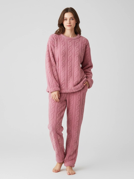Ayollar va qizlar uchun issiq qishki flizli pijama dvoyka, komplekt shim, triko, kofta