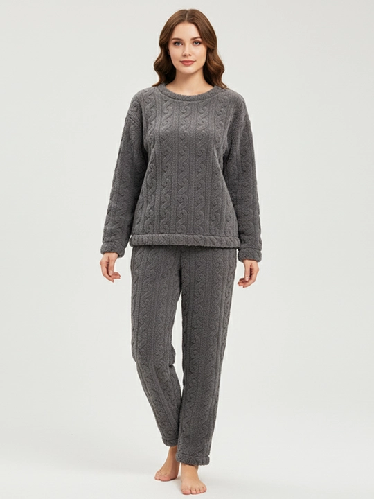 Ayollar va qizlar uchun issiq qishki flizli pijama dvoyka, komplekt shim, triko, kofta