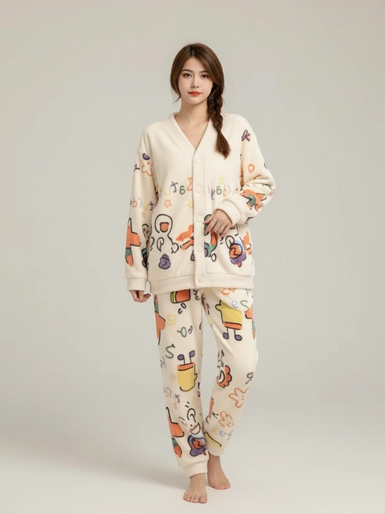 Yumshoq, qulay pijama komplekti — tugmali yoki naqshli
