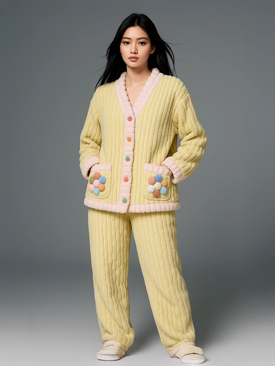 Yumshoq, qulay pijama komplekti — tugmali yoki naqshli