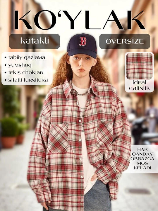Ayollar uchun oversize katakli ko‘ylak, uzun yengli, uslubiy, kundalik