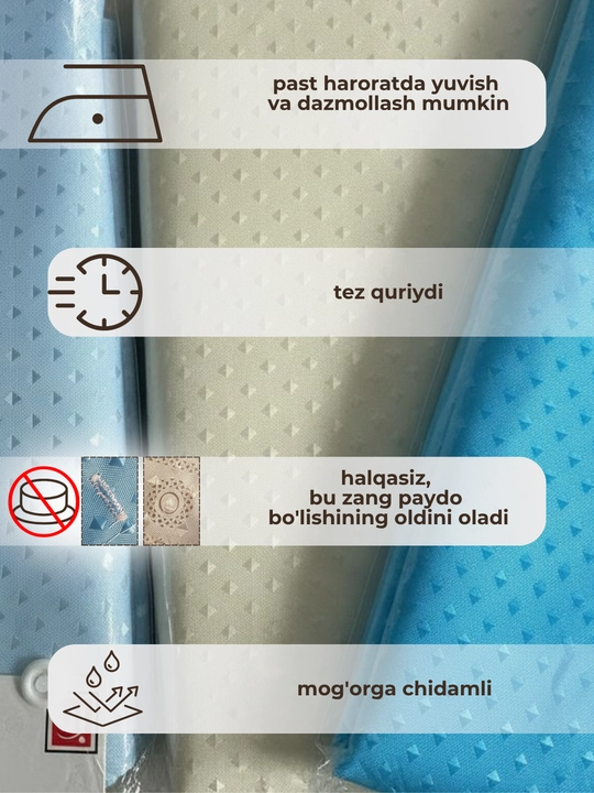 180x180 sm o‘lchamli vannaxona uchun suv o‘tkazmaydigan parda - poliester, 12 ta halqa