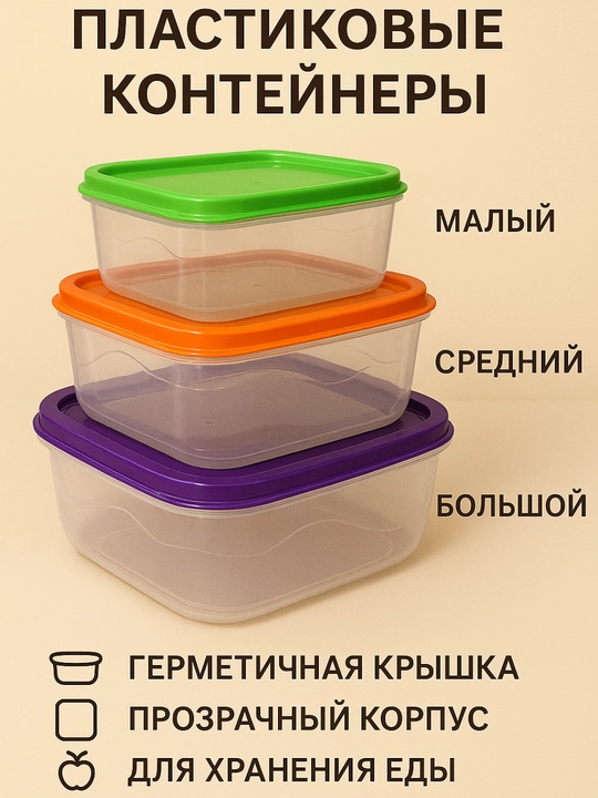 3 dona konteyner to‘plami – ovqat saqlash va pishirish uchun, qopqoqli, BPA-free plastik