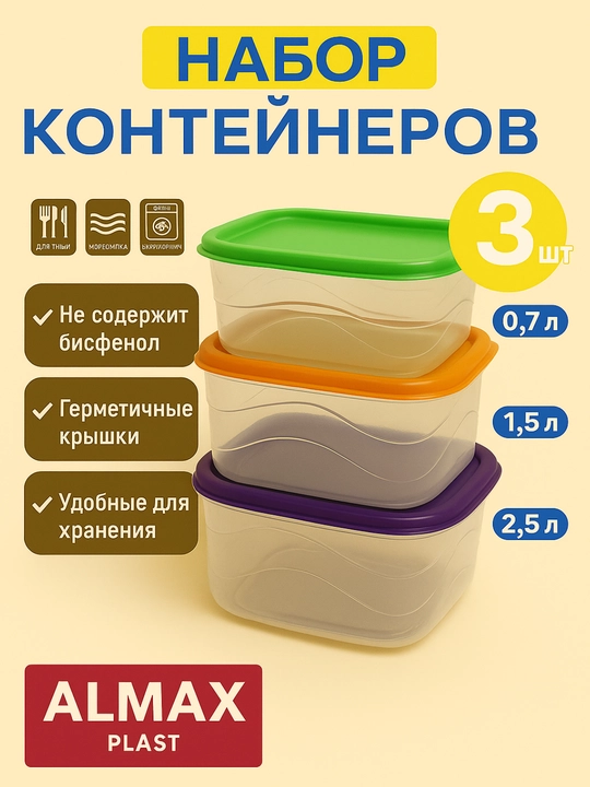 Набор из 3 контейнеров - для хранения и приготовления пищи, с крышками, пластик без BPA - 