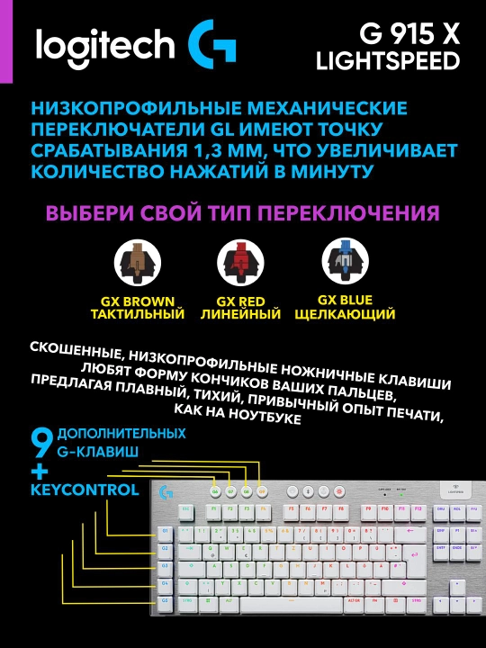O‘yin simsiz klaviaturasi Logitech G915 X LIGHTSPEED Wireless Gaming 2.4GHZ/BT