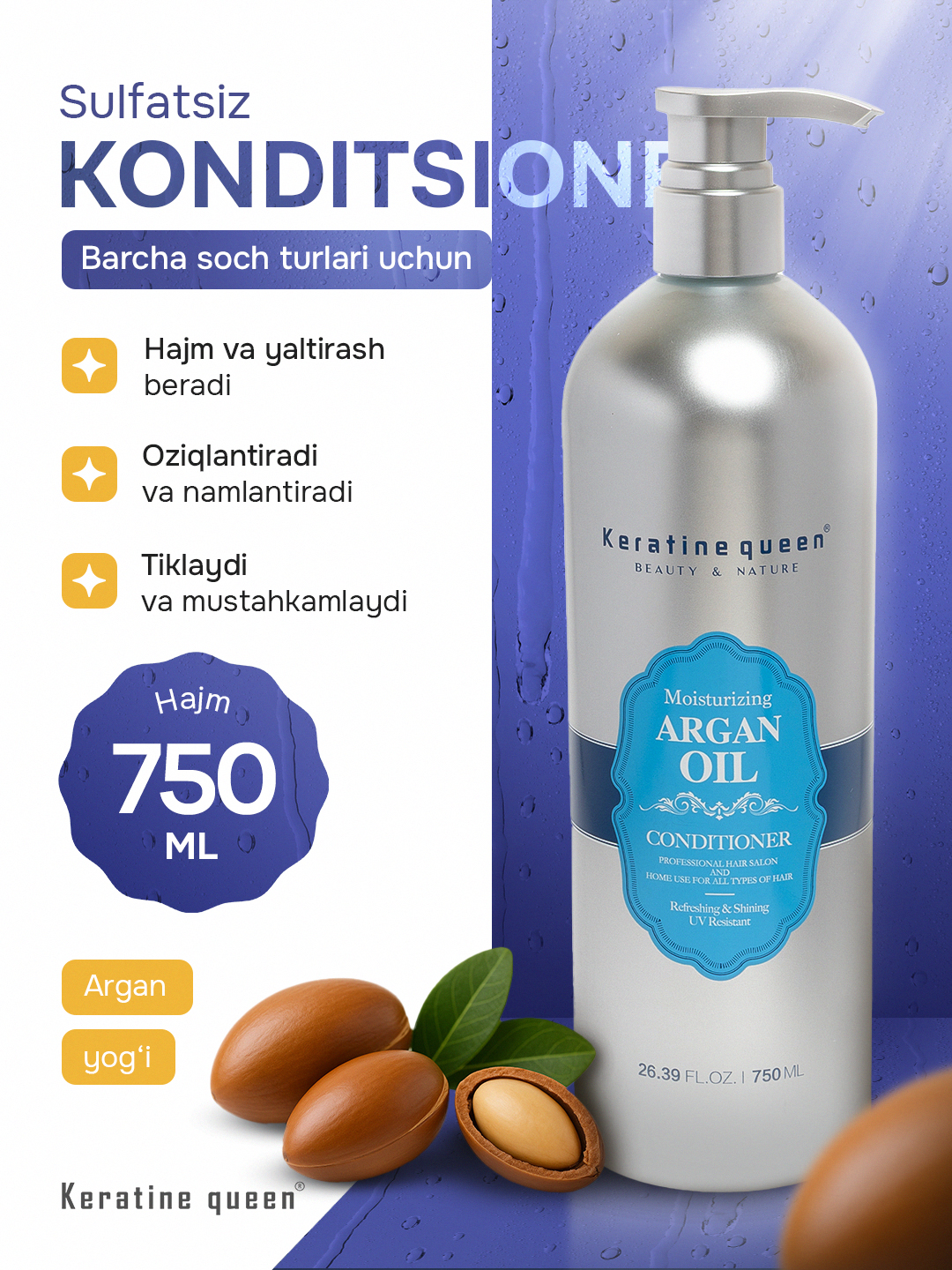 Keratin Queen argan yog‘li konditsioner, sochni namlovchi va himoyalovchi, 750 ml 