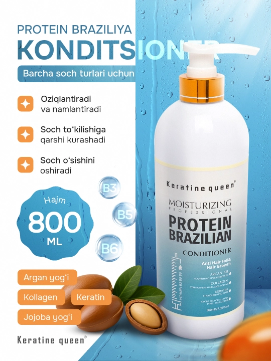 Keratin Queen sochni tiklovchi sulfatsiz konditsioner, Braziliya proteini bilan, 800 ml