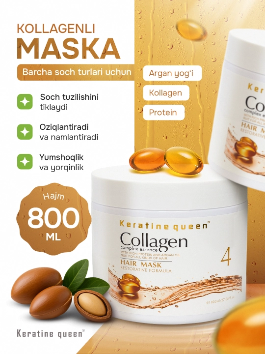 Soch uchun kollagenli oziqlantiruvchi niqob Keratine Queen, 800 ml 
