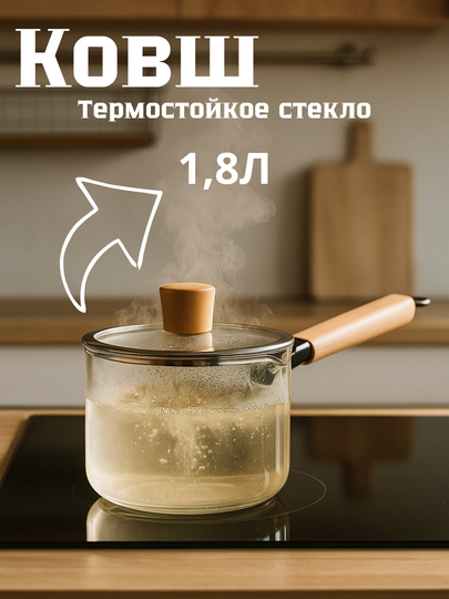 Стеклянная кастрюля с крышкой,1.5 л и ковшик, 1.8 л для плиты огнеупорная - 