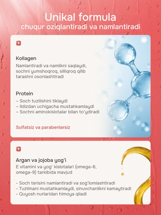 Keratin Queen kollagen-keratin shampuni, 800 ml, sochlarni tiklash va oziqlantirish uchun