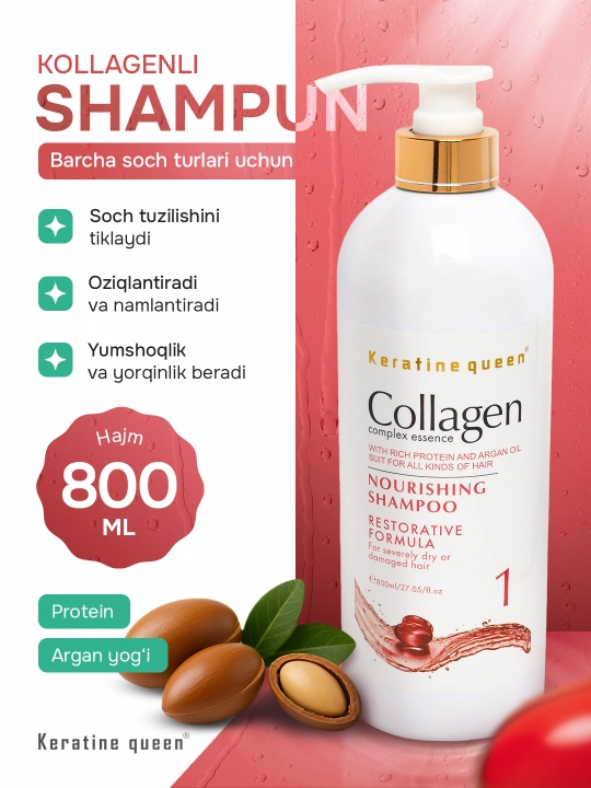 Keratin Queen kollagen-keratin shampuni, 800 ml, sochlarni tiklash va oziqlantirish uchun