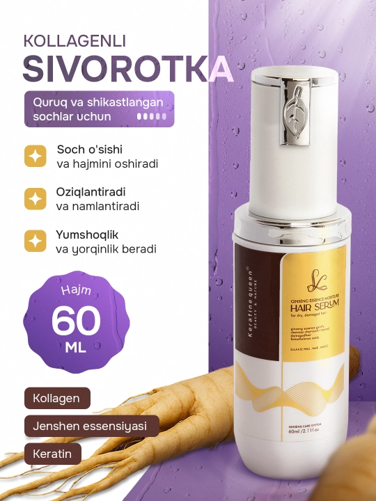 Keratine Queen professional kollagenli va keratinli soch o‘sishi uchun zardob, 60 ml