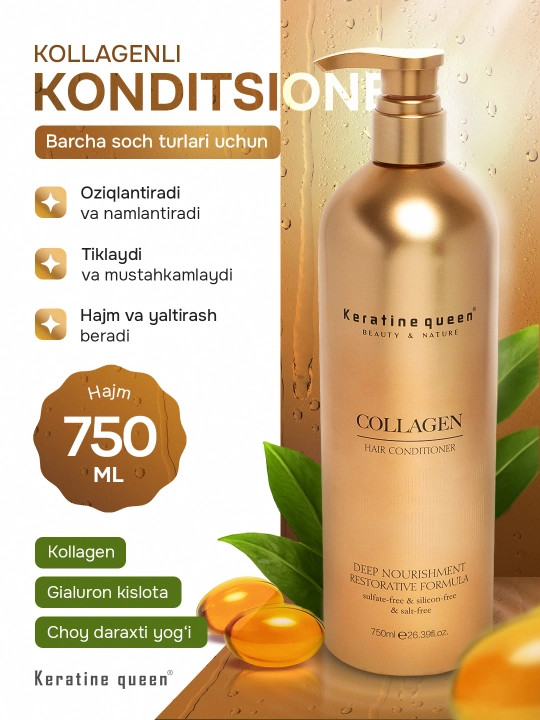 Keratin Queen sochlarni tiklash uchun kollagen va keratinli sulfatsiz konditsioner