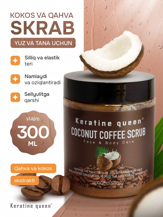 Yuz va tana uchun skrab Keratin Queen, 300 g, selyullitga qarshi, gimolay tuzi bilan  - 