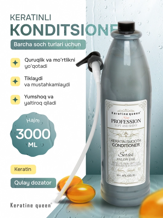 Sochni mustahkamlaydigan va namlovchi konditsioner Keratine Queen Profession, 3 litr