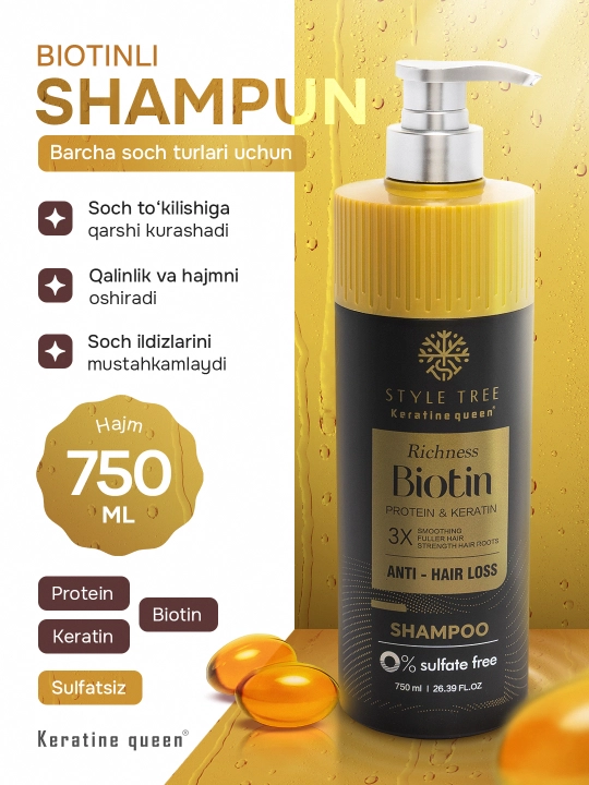Keratin Queen shampuni biotin va keratin bilan 750 ml to‘kilishga qarshi