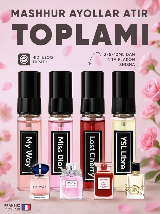 Ayollar uchun parfyum to‘plami 4 xil hid: Lost Cherry, My Way, Miss Dior, Libre