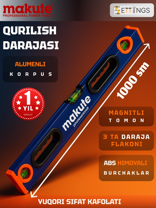 Makute MKLV021000 alyuminiy korpusli, magnitli daraja lineykasi