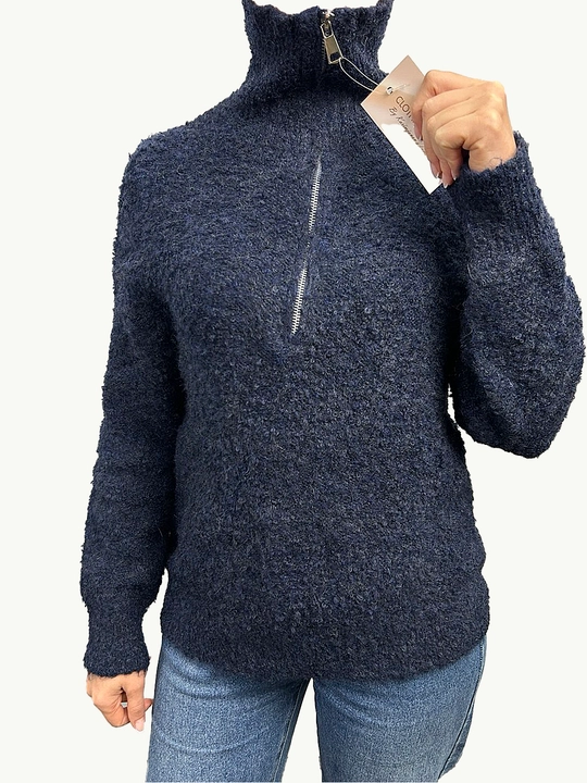 Ayollar uchun jun sviter, yumshoq, issiq, yarim zanjirli baland yoqali model