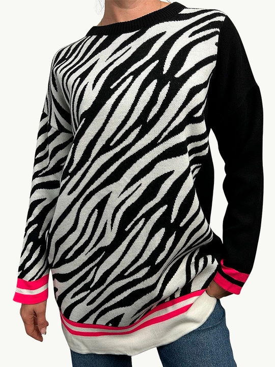 Женская туника oversize, машинная вязка, узор зебра, акрил, мягкая - 