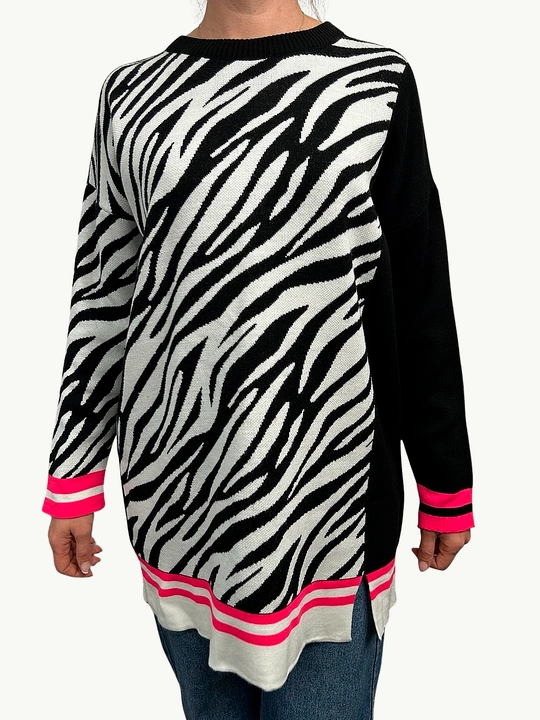 Ayollar tunikasi oversize, trikotaj, zebra naqshli, akril, yumshoq