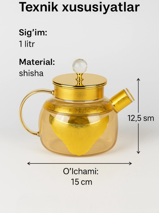 Choynak Issiqlikka chidamli shishadan yasalgan, prujinali elakli bezakli shisha choynak