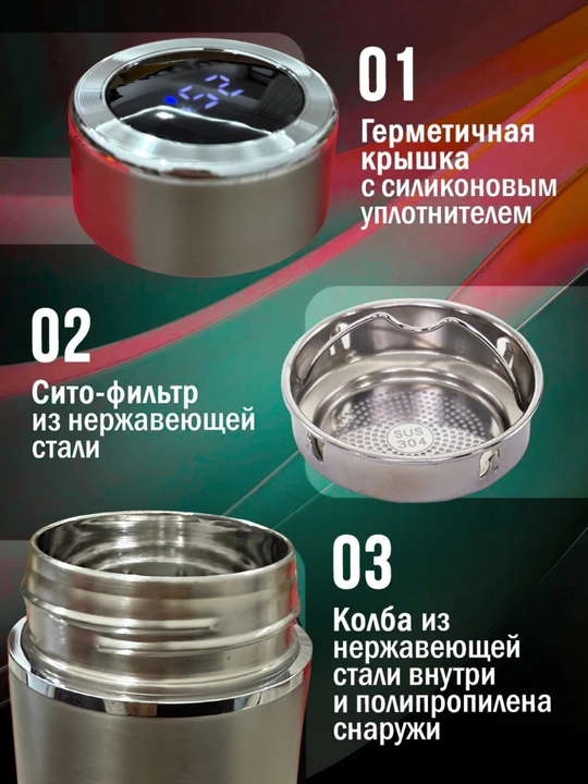 Термос с датчиком температуры, из нержавеющей стали