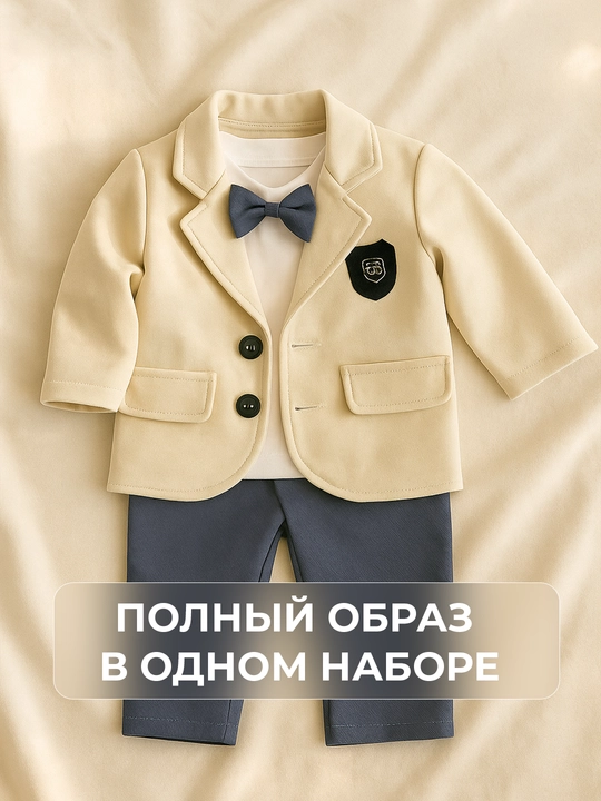 Костюм для мальчиков, 3 в 1: шерстяной пиджак, джинсы и хлопковый лонгслив