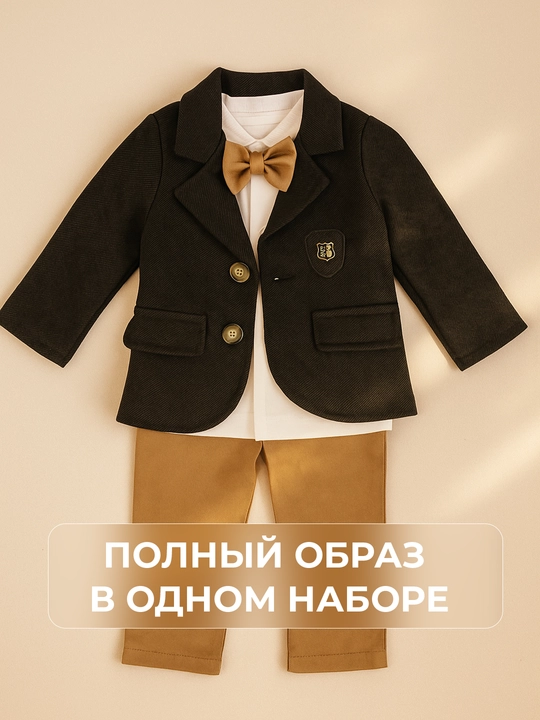 Костюм для мальчиков, 3 в 1: шерстяной пиджак, джинсы и хлопковый лонгслив