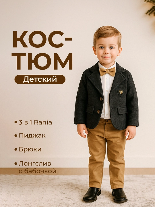 Костюм для мальчиков, 3 в 1: шерстяной пиджак, джинсы и хлопковый лонгслив - 