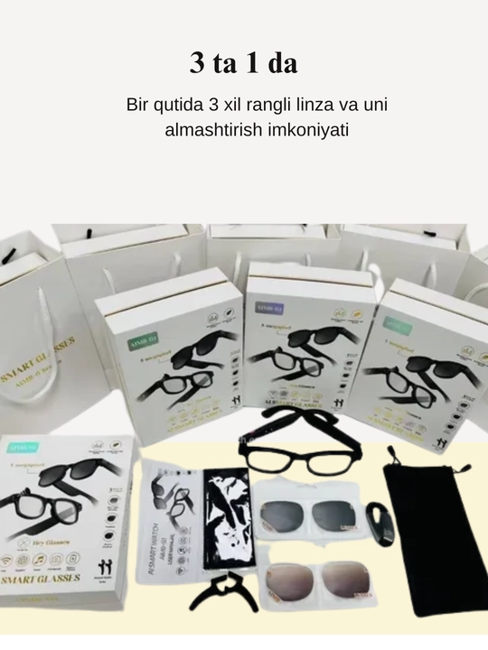 AI Smart Glasses -( 3 xil shishasi Oq-Qora,Jigarrang ),video olish, FH HD,16 GB hotira