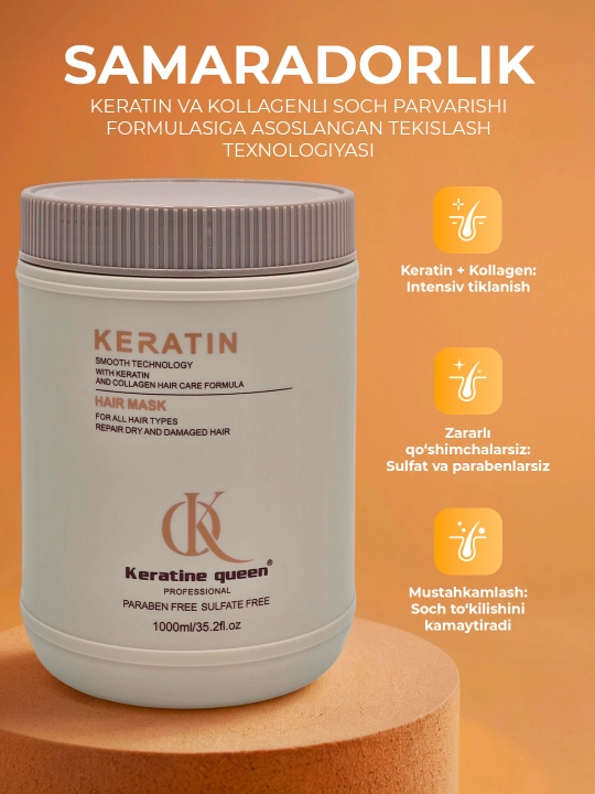 Keratin Queen soch maskasi, keratin va argan yog'i bilan, tiklash uchun, 1000 ml