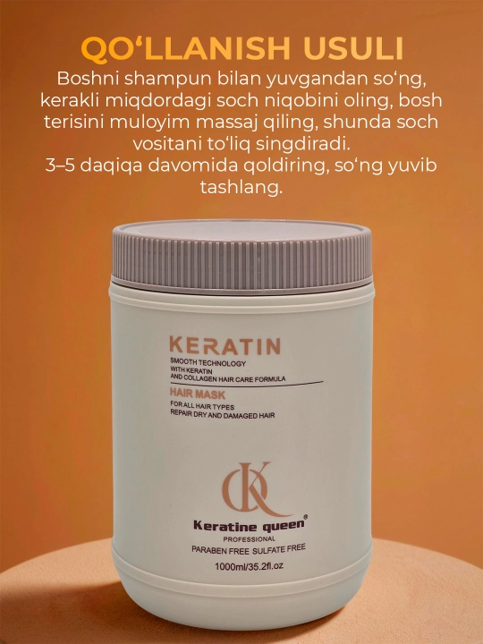 Keratin Queen soch maskasi, keratin va argan yog'i bilan, tiklash uchun, 1000 ml