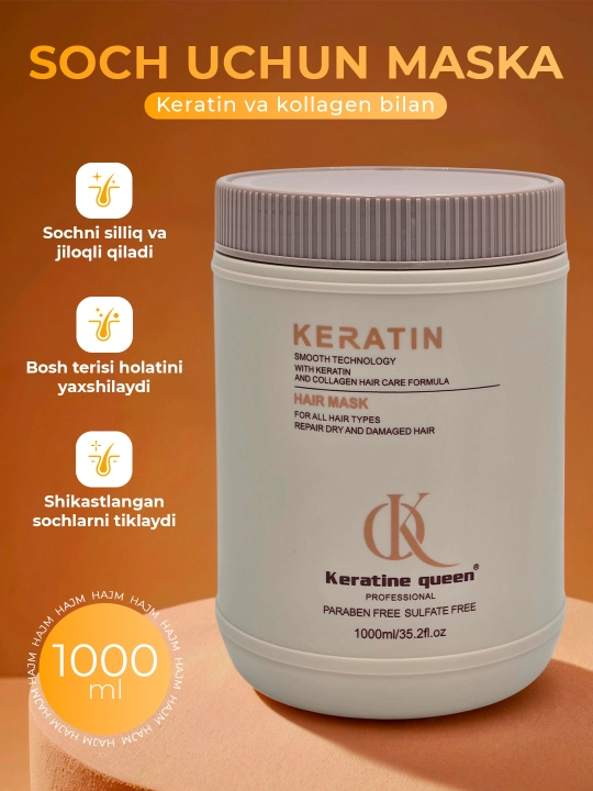 Keratin Queen soch maskasi, keratin va argan yog'i bilan, tiklash uchun, 1000 ml