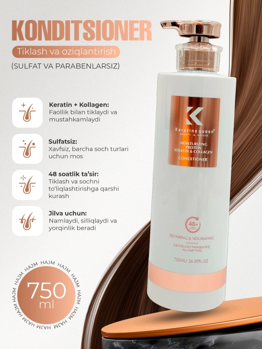 Keratin Queen soch konditsioneri, namlantirish va porlash uchun, sulfatsiz, 750 ml