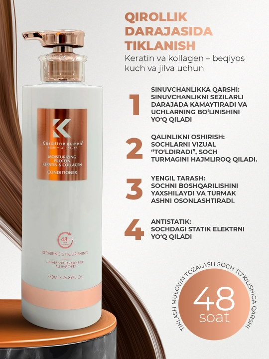 Keratin Queen soch konditsioneri, namlantirish va porlash uchun, sulfatsiz, 750 ml