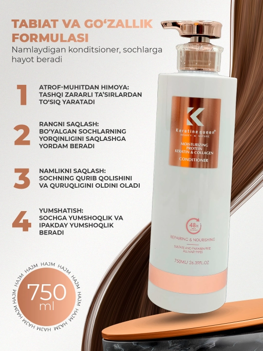 Keratin Queen soch konditsioneri, namlantirish va porlash uchun, sulfatsiz, 750 ml
